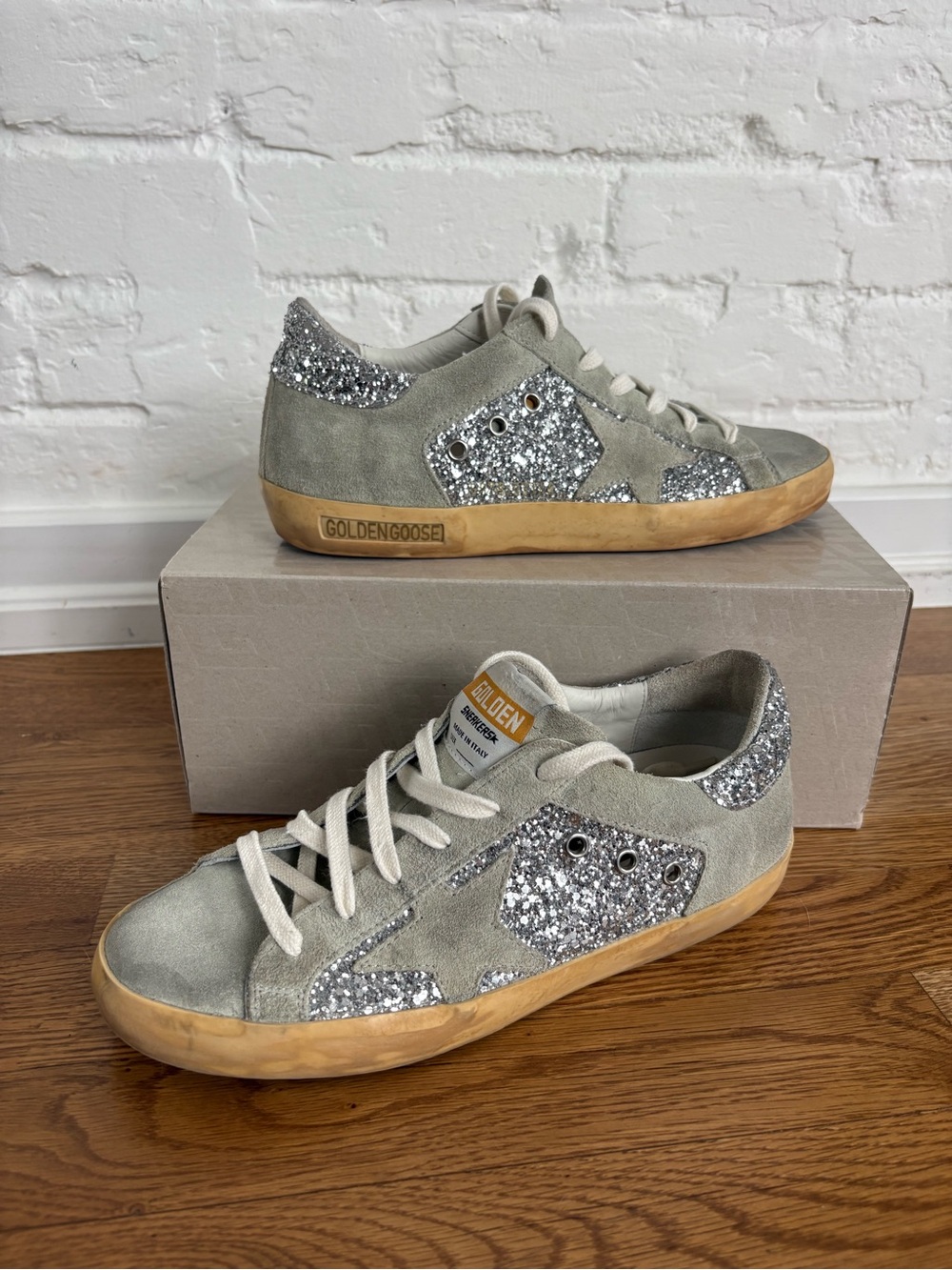 Golden Goose Super-Star Silver Glitter Ice Gray Suede Sneakers EU 39